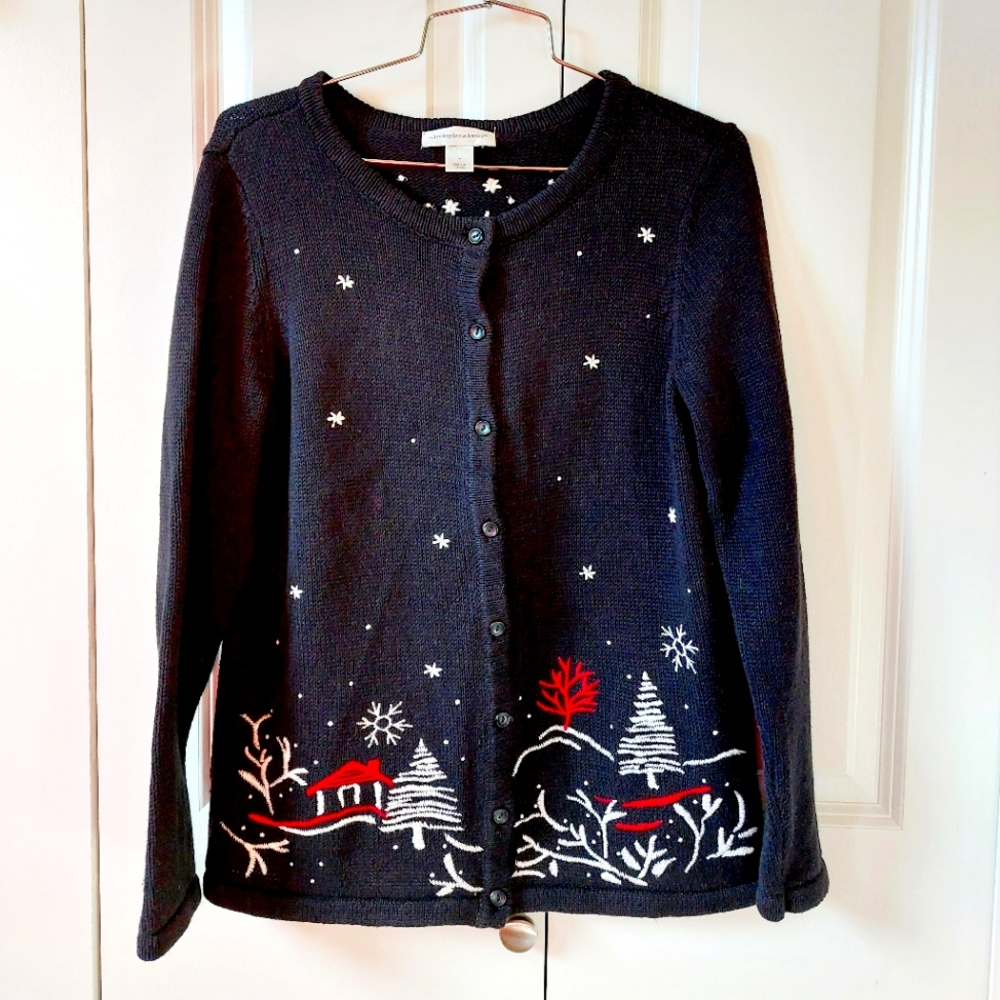 Silent Night Christmas Village Cardigan Sweater size‎ Large Christopher & Banks